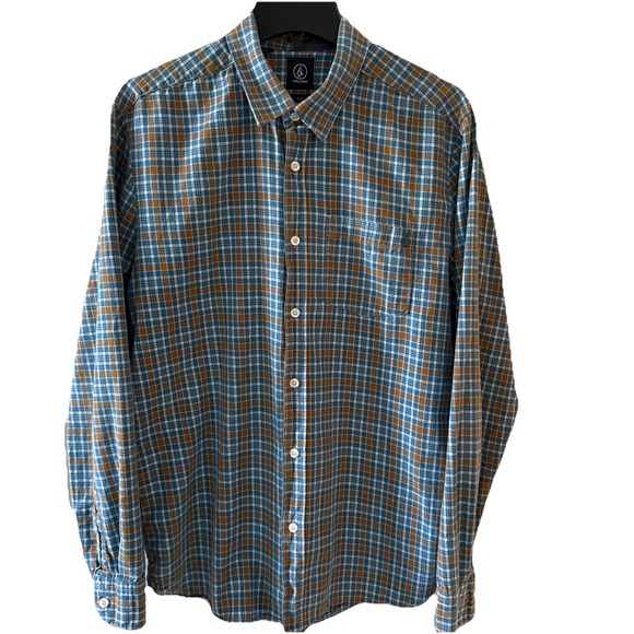 Men's Volcom Plaid Flannel Long Sleeve Shirt Size Medium Blue Gold Fall Hike EUC - Picture 1 of 8
